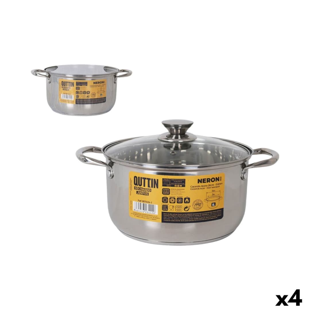 Casserole with lid Quttin New neron Silver Ø 24 cm 6 L Stainless steel (4 Units)